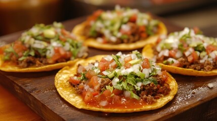 Authentic Mexican Tostadas with Fresh Toppings on Rustic Wooden Board