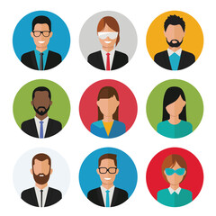 Fototapeta premium Diverse group of professional people represented as avatars. Nine individuals wearing business attire, with different backgrounds.