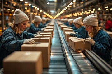 Workers pack boxes along the assembly line, inside a well-lit factory