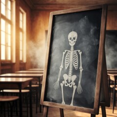 Preparation for medical school concepts. Skeleton illustration on a chalkboard in a classroom setting.