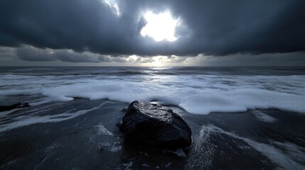 Obraz premium Dramatic coastal scene with a dark rock on the shore, dramatic clouds, and a glimpse of the sun
