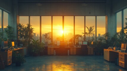 Workspace with city view. Sun shining through the windows. Plants inside