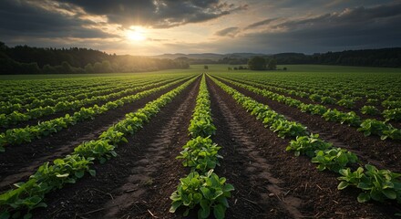 Obraz premium Rows of vines in a vineyard with a scenic countryside view at sunset or morning