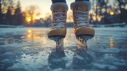 Close-up of ice skates on a frozen lake reflecting winter morning light