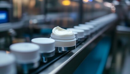 Creams on a conveyor belt in a cosmetic factory