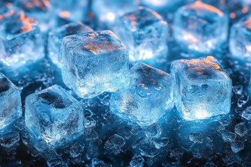 Obraz premium blue ice cubes winter texture background closeup macro ice water frost crystal shiny