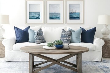 coastalinspired living room with white linen sofa navy and aqua pillows weathered wood coffee table and oversized nautical art prints in floating frames