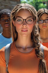 Young woman in glasses with braid, surrounded by other young people