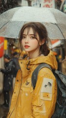 Young woman in a yellow raincoat under an umbrella, walking in the rain