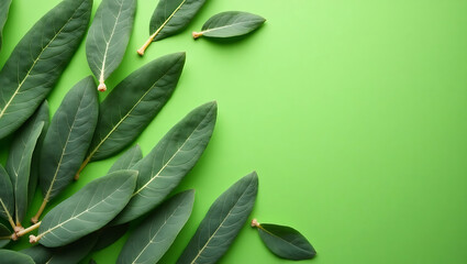 Lush green leaves scattered on a vibrant green background, creating a fresh and organic aesthetic.

