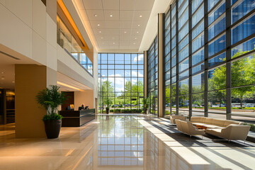 Modern corporate office lobby with floor-to-ceiling glass windows, sleek interior design, and stylish red seating in a professional business environment