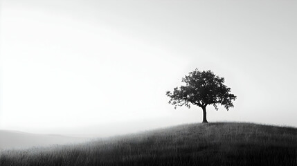 Obraz premium Solitary Tree Silhouette On Grassy Hill Under Overcast Sky Monochrome Scene Of Serenity Tranquility And Calm