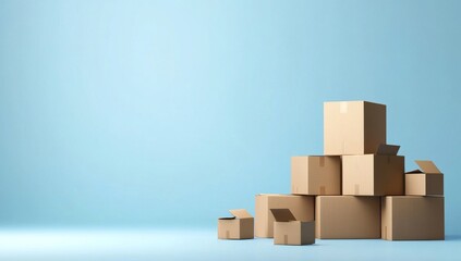 Fototapeta premium Stack of cardboard boxes against a light blue background