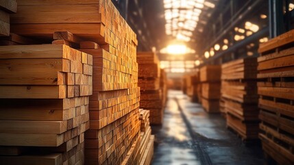 Fototapeta premium Timber Storage Warehouse Industrial Carpentry Building Material Stacked Wooden Planks