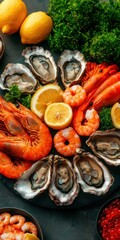 A vibrant seafood platter featuring shrimp, oysters, and lobster, garnished with fresh herbs and lemon slices, perfect for a feast.