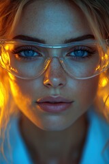 Young woman with blue eyes and blonde hair wears safety glasses, lab coat