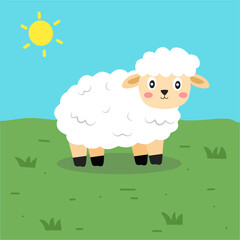A fluffy white sheep standing on a bright green field with a clear blue sky. A cheerful and friendly farm animal illustration.