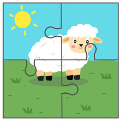 A fun four-piece puzzle of a cute sheep on a green field. Designed for early childhood cognitive development.
