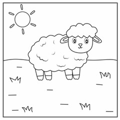 sheep coloring page, A cute sheep stands on a grassy field with the sun shining above. Perfect for children's coloring activities.