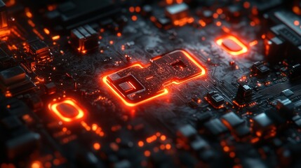 Futuristic Electronic Key Design on Black Circuit Board with Neon Red Lights for Cybersecurity and Digital Privacy