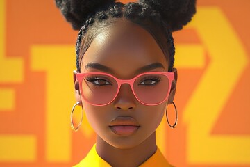 Youthful woman with braided buns poses in front of a striking orange background