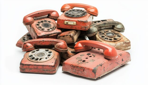 Pile of antique rotary phones.  Several vintage, rusty phones of various colors, showing age and wear, are stacked together