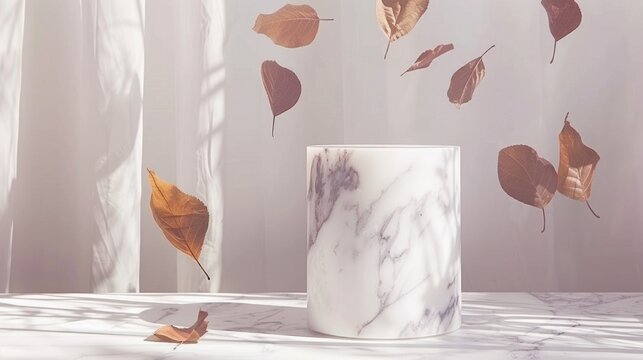 Falling leaves around marble cylinder, indoor - Powered by Adobe