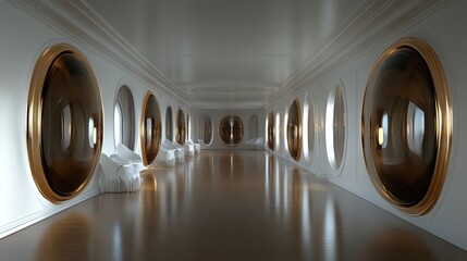 Grand, mirrored hall with ornate windows.  A spacious, elegant interior with large, circular, mirrored windows framed in gold accents, creating a sense of depth and luxury. 