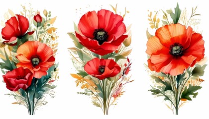 Watercolor Poppy Flower Arrangements with Elegant Foliage and Delicate Detailing