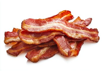 Crispy Fried Bacon Strips on White Background, Perfect for Breakfast or Culinary Delights, Food Photography for Delicious Recipes and Meals