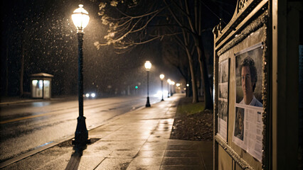 Mysterious urban street with flickering lamp, torn missing person poster on bulletin board, rain droplets, evoking sense of loss and intrigue in empty nighttime setting.