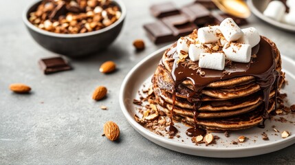 Delicious Stack of Pancakes with Chocolate Sauce and Marshmallows Delight
