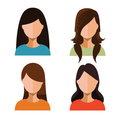 A collection of simple, faceless women, each with unique hairstyles and outfits displayed on a white background, showcasing diversity through design.