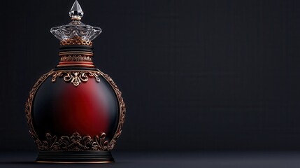 Elegant decorative bottle with intricate gold designs on dark background for luxury presentation