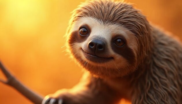 Smiling Sloth Portrait at Sunset Golden Hour