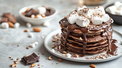 Delicious Stack of Chocolate Pancakes Topped with Marshmallows and Chocolate Syrup