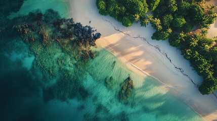 Aerial view of Mauritius island cloudy beach high