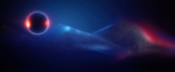 Obraz premium Abstract Geometric Design with Neon Lines and Textured Sphere in Deep Blue Gradient Background