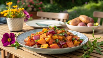 Fusion dish of Bombay potatoes and sweet potatoes served outdoors with fresh herbs and flowers