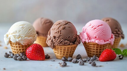 Delicious ice cream cones with strawberry and chocolate chips arrangement