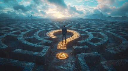 A person navigating a maze like path toward a glowing question mark
