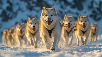 Huskies Pulling Sled in Snowy Mountains with Happy Riders