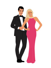Fototapeta premium Couple in trendy evening clothes standing together vector illustration. Stylish man, woman ready for Christmas, New Year, wedding event. Fashionable pair in elegant wear on transparent background.