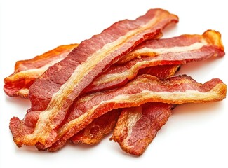 Crispy, Delicious, Freshly Cooked Bacon Strips Piled on a White Background, Ideal for Food Photography and Culinary Themed Projects