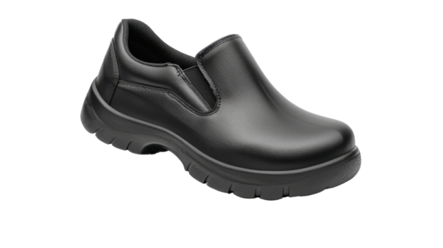Black leather slip-on work shoe isolated on transparent background