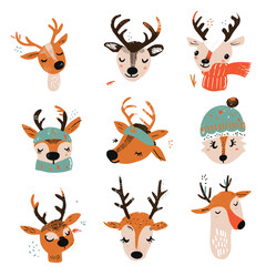 A collection of reindeer with varied headgear, offering a whimsical, cartoonish festive aesthetic. The designs create a playful, joyous winter mood.