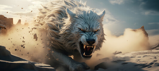 Naklejka premium epic white wolf battle wild, ai generative
