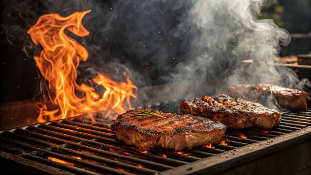 Delicious steaks grilling over a braai with smoke and flames at a backyard barbecue in the evening