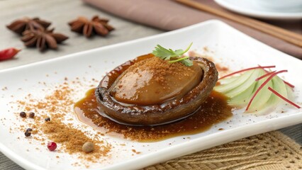 Braised abalone garnished with spices and herbs served on a white plate in an elegant dining setting