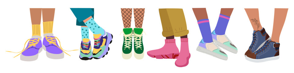 Set of different Legs wearing fashion sneakers. Feet in modern sports footwear. Trendy comfortable sportswear for active lifestyle. Colored flat vector illustrations isolated on transparent background